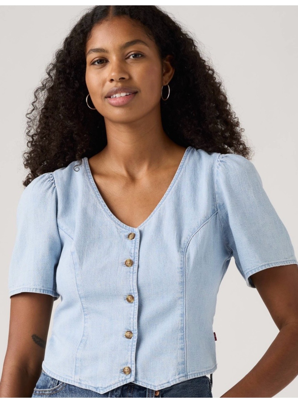 Levi Moxie Denim Crop Blouse Top Size Small Feminine Coquette Cottagecore Y2K